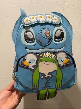Loungefly Blue Character Backpack with Frog & Duck Appliqués